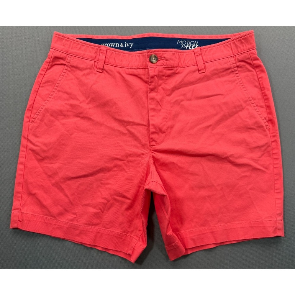 Crown & Ivy Motion Flex Chino Shorts Coral Red Stretch Cotton Flat Front Mens 36